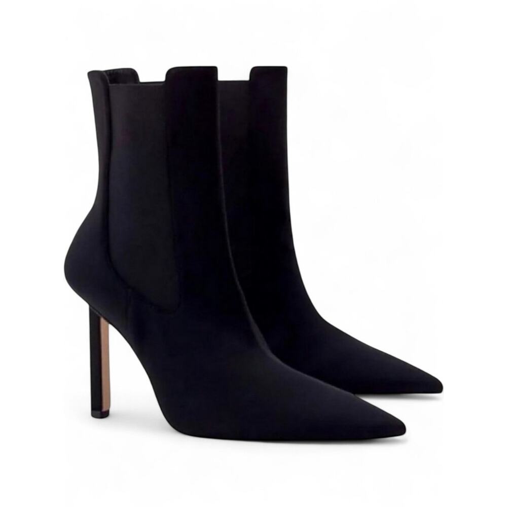 Black Neoprene Pointed Toe Stiletto‎ Chelsea Boot Gold Heel Cap 11.5 NEW